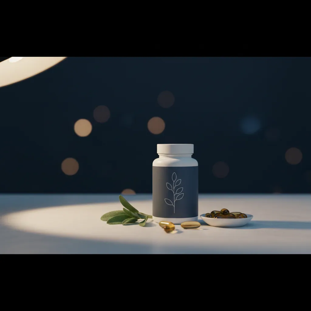 Redaktionell studiomiljö med kosttillskott och naturliga ingredienser
