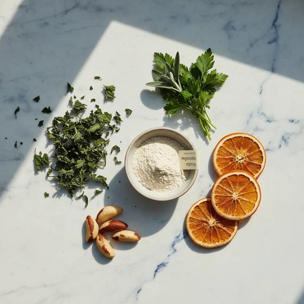 Naturliga kosttillskottsingredienser: selen, vitamin C, magnesium och örtextrakt på marmorbord